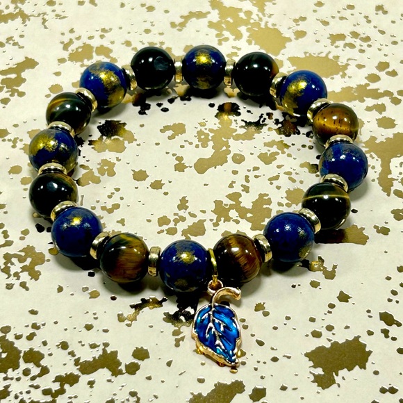 Handmade Fall Leaf Charm Bracelet Featuring Natural Tiger Eye & Jade Gemstones! - Picture 3 of 5